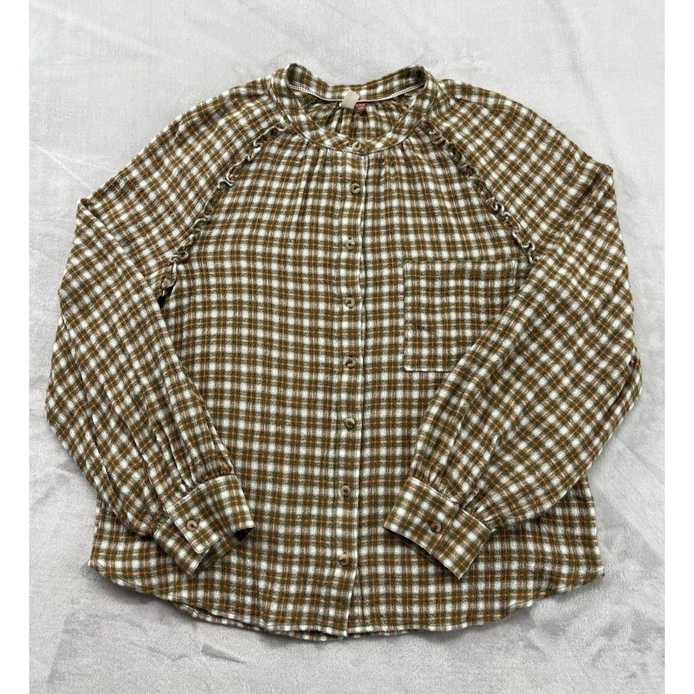 Pilcro Button Up Top Women Large Green Pink Plaid Ruffle Preppy Casual Excellent